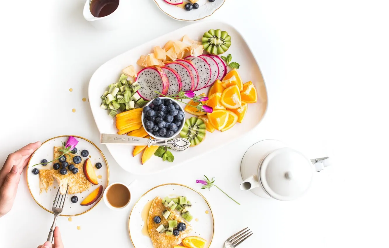 Photo wallpaper orange, food, Breakfast, kiwi, blueberries, fruit, pancakes, slices