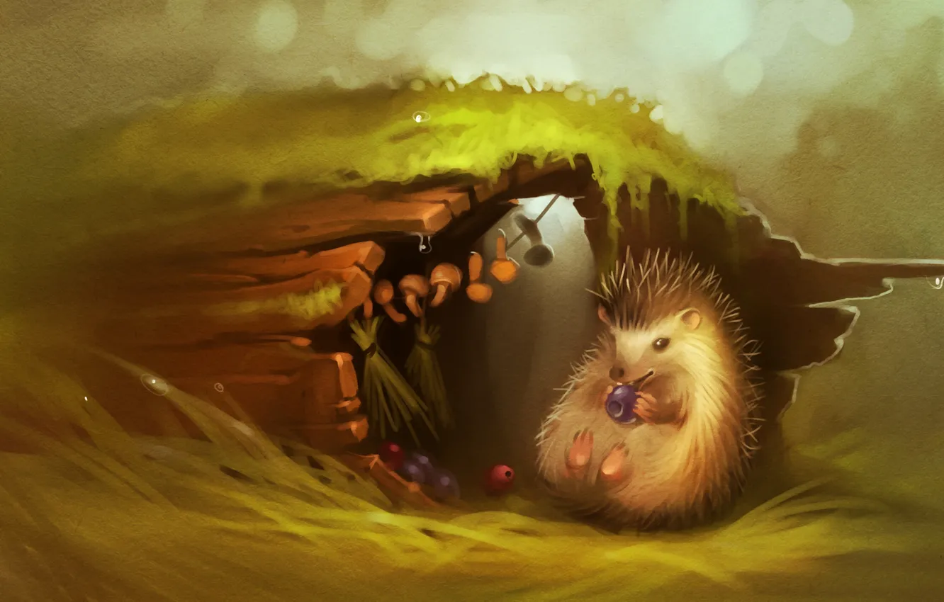 Photo wallpaper forest, trees, berries, mushrooms, art, hedgehog