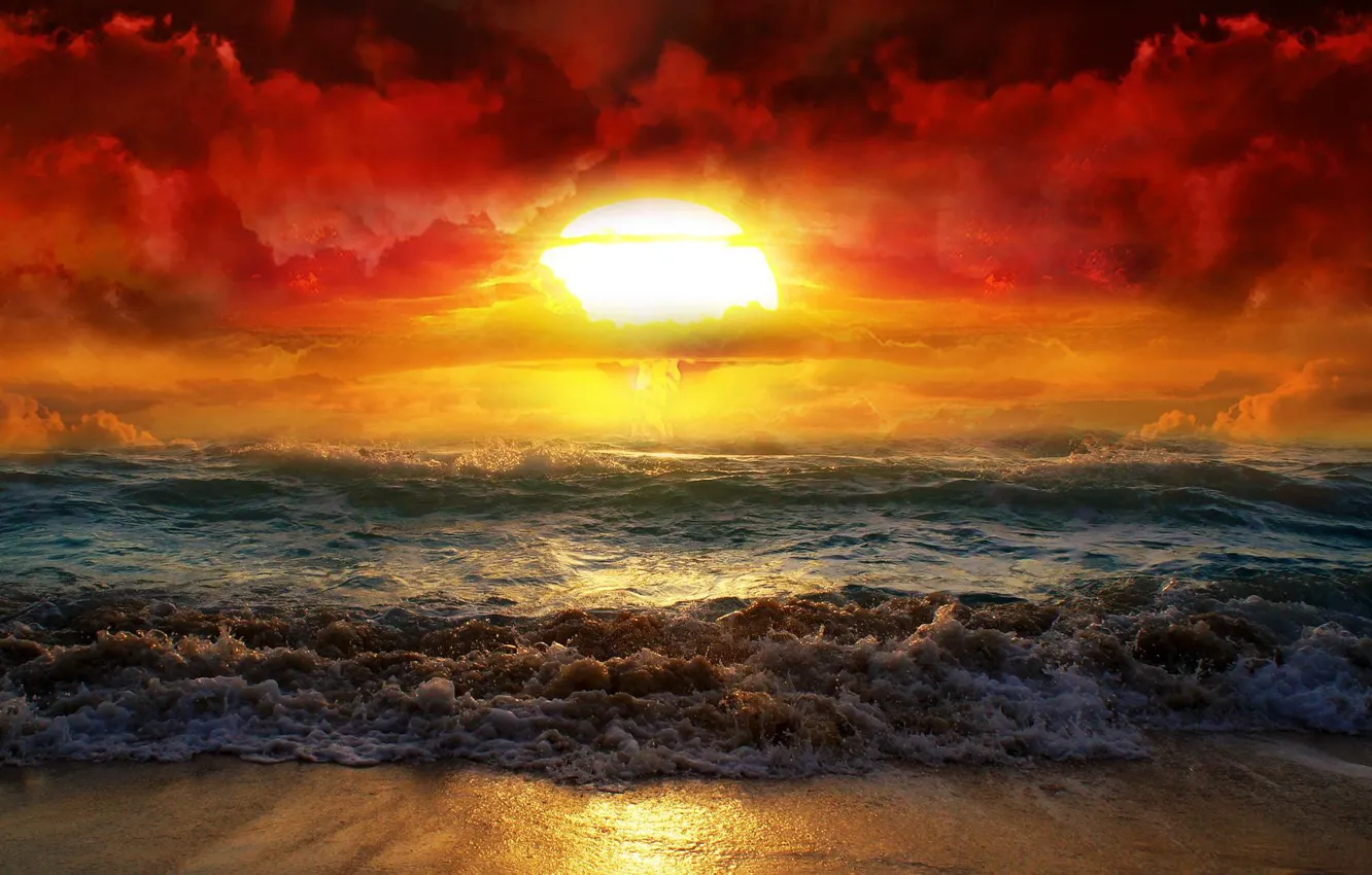 Photo wallpaper The OCEAN, The SKY, CLOUDS, SMOKE, The EXPLOSION, GLOW, NUCLEAR, ATOMIC