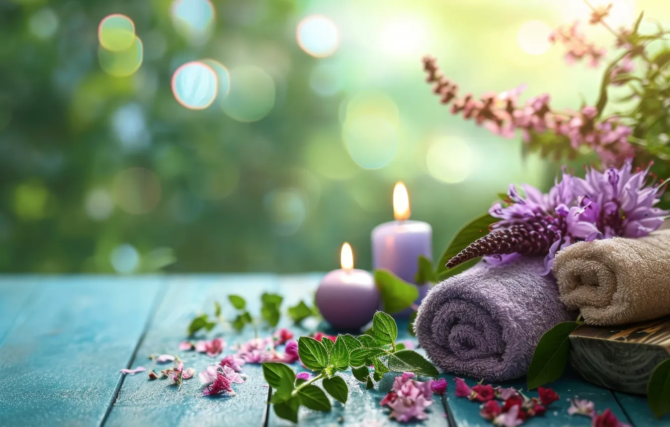 Photo wallpaper flowers, towel, candles, AI art, neural network