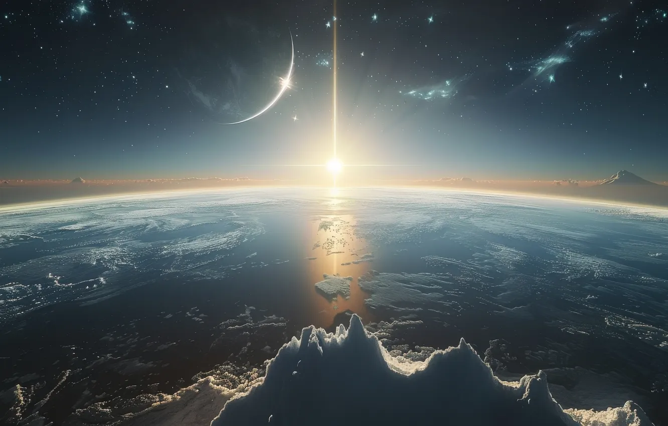 Photo wallpaper ice, the sky, the sun, space, clouds, rays, light, night