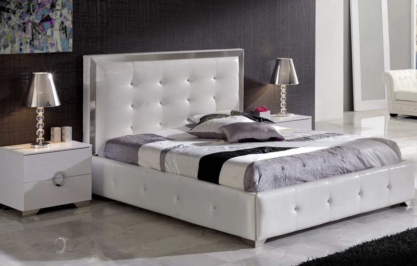 Photo wallpaper white, design, room, wall, carpet, furniture, lamp, bed