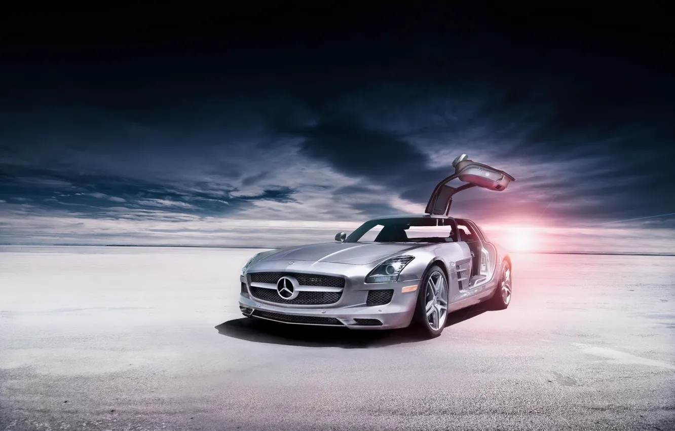 Photo wallpaper desert, Mercedes-Benz, silver, AMG, SLS, Mercedes Benz, silvery