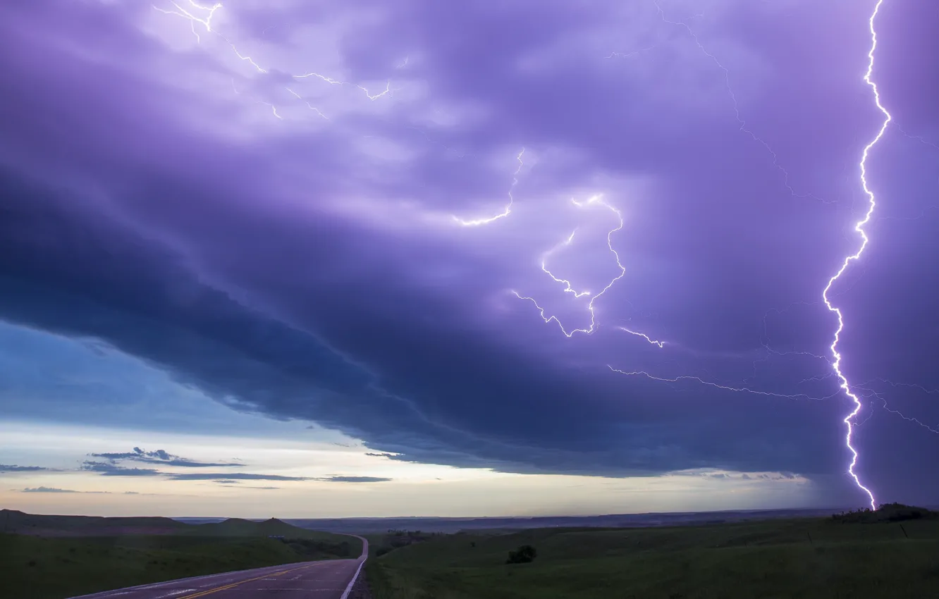 Photo wallpaper road, clouds, element, lightning