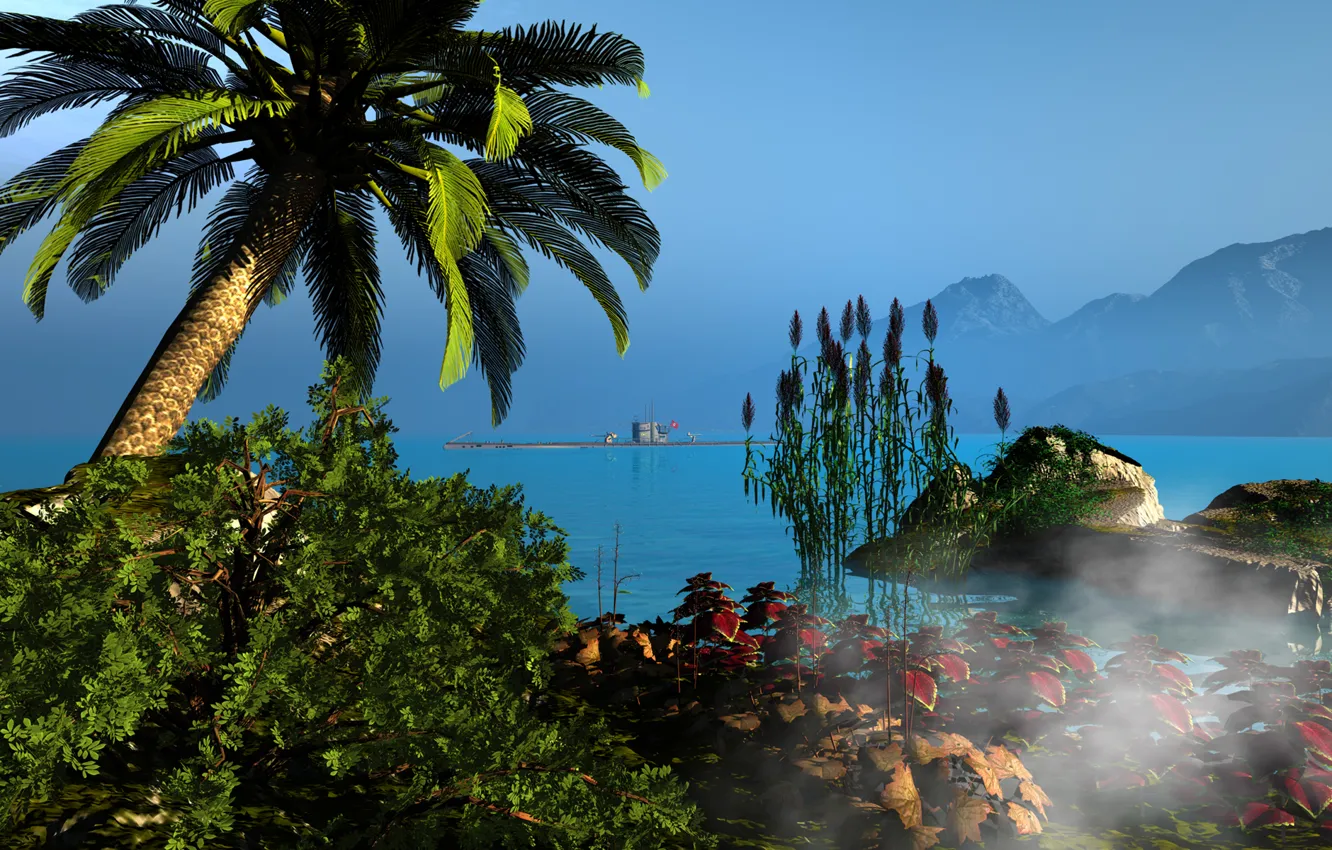 Photo wallpaper sea, grass, water, mountains, palm trees, shore