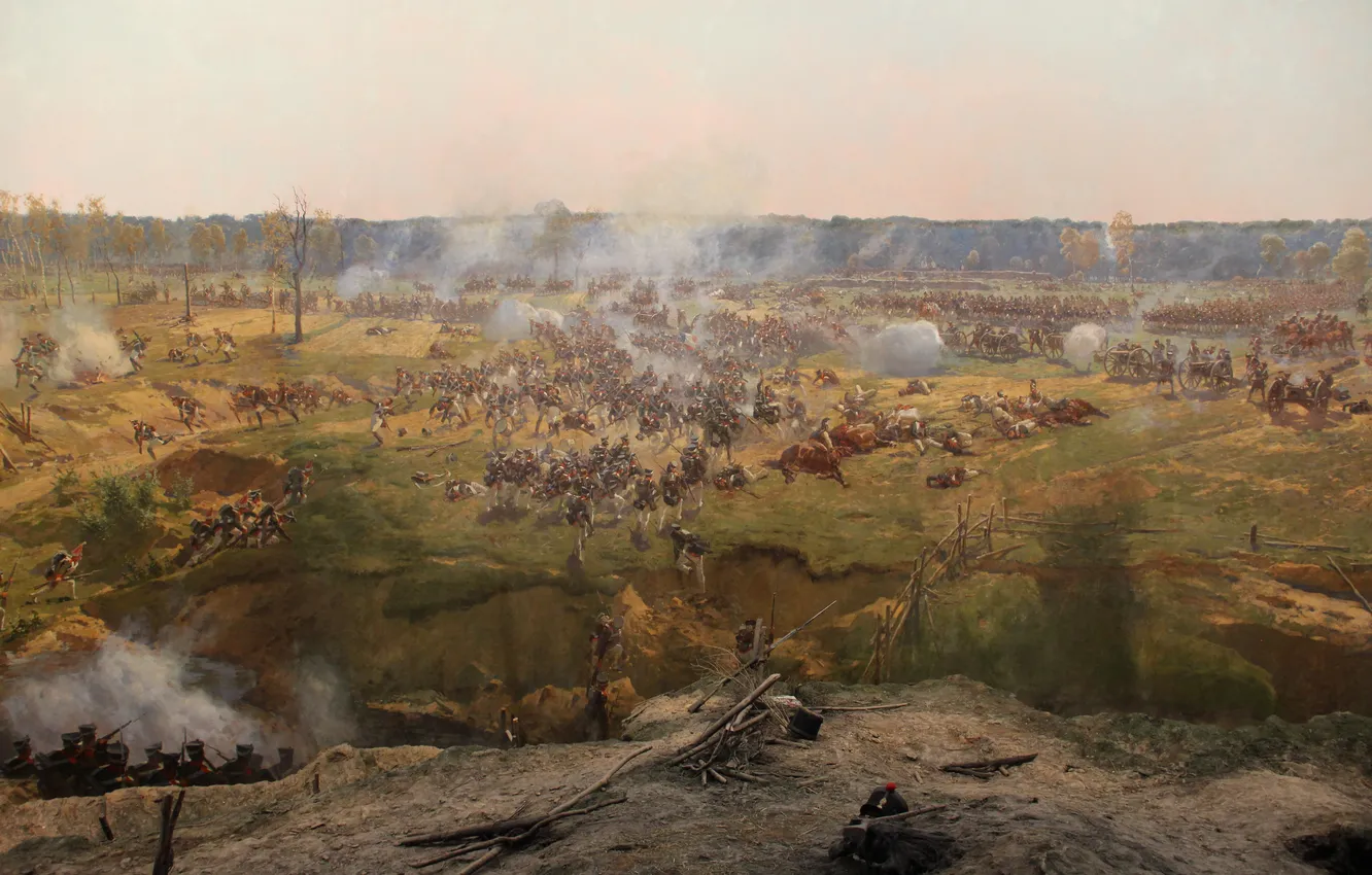 Photo wallpaper horse, smoke, picture, battle, soldiers, fragment, the Frenchman, Russian