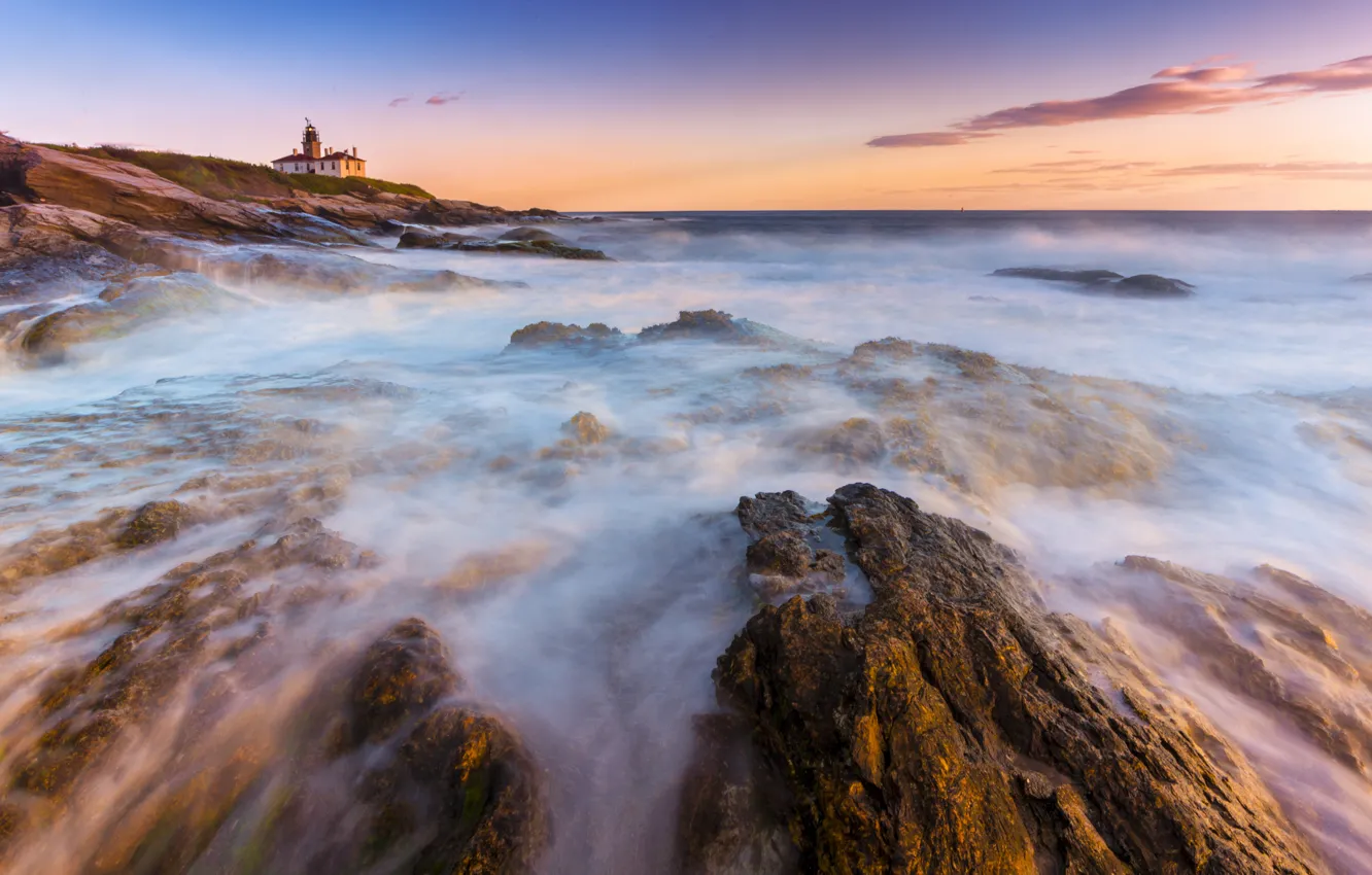 Photo wallpaper stones, the ocean, shore, lighthouse, morning