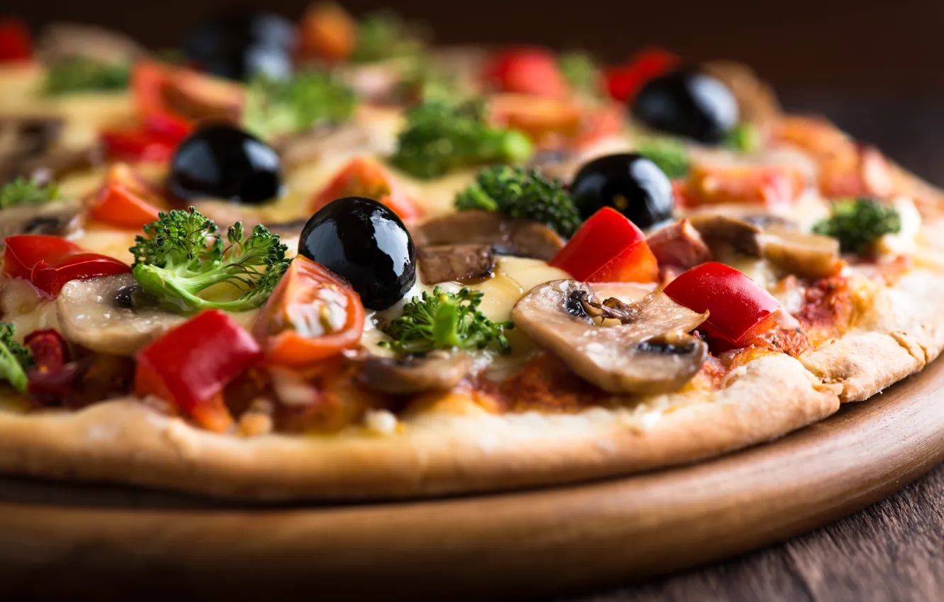 Photo wallpaper mushrooms, cheese, pizza, tomatoes, parsley, dish, olives