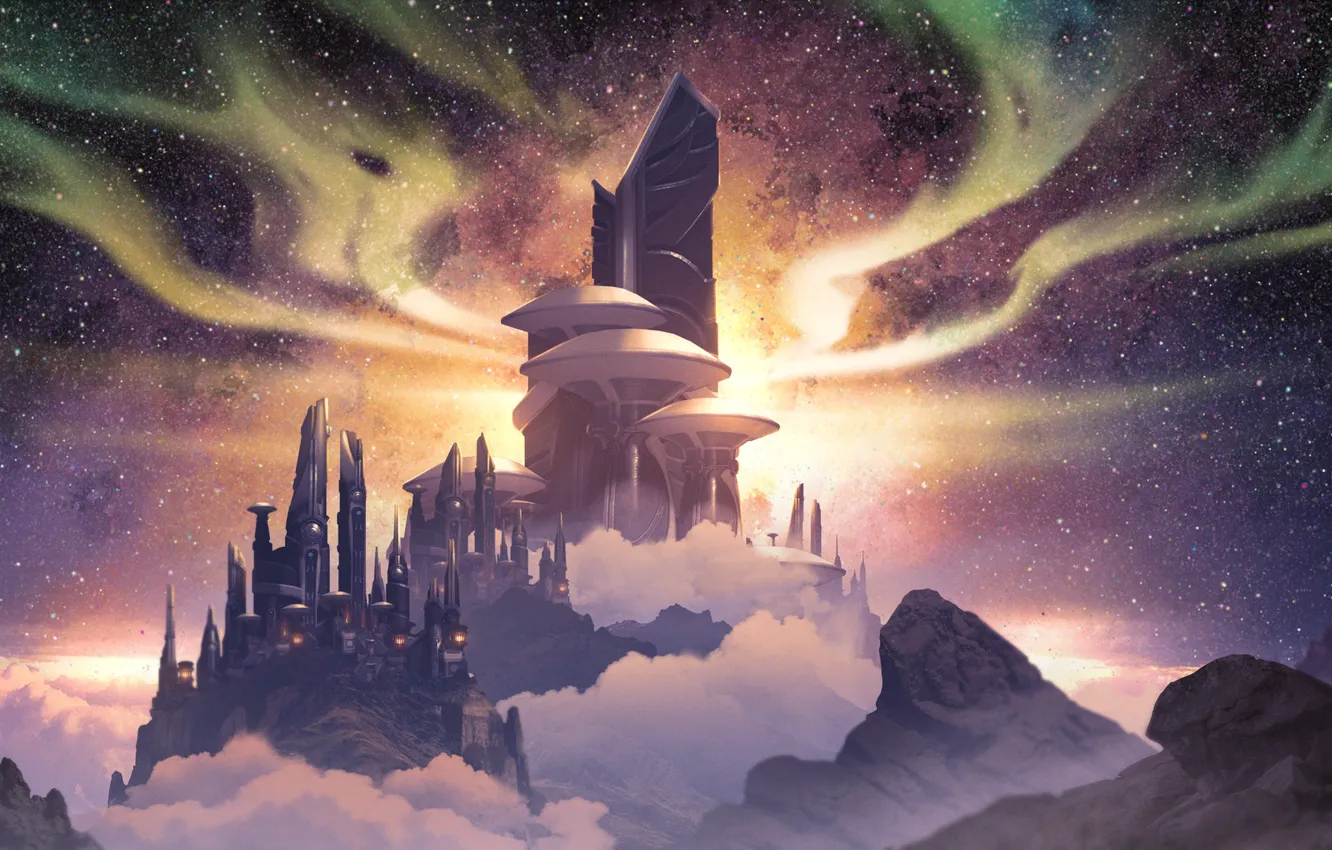 Photo wallpaper the sky, stars, lights, construction, red vs blue