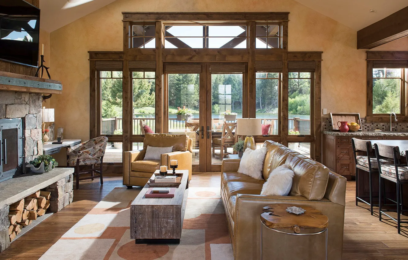 Photo wallpaper interior, kitchen, living room, dining room, Rock Creek, by Cushing Terrell, Lake Cabin, Cattle Company