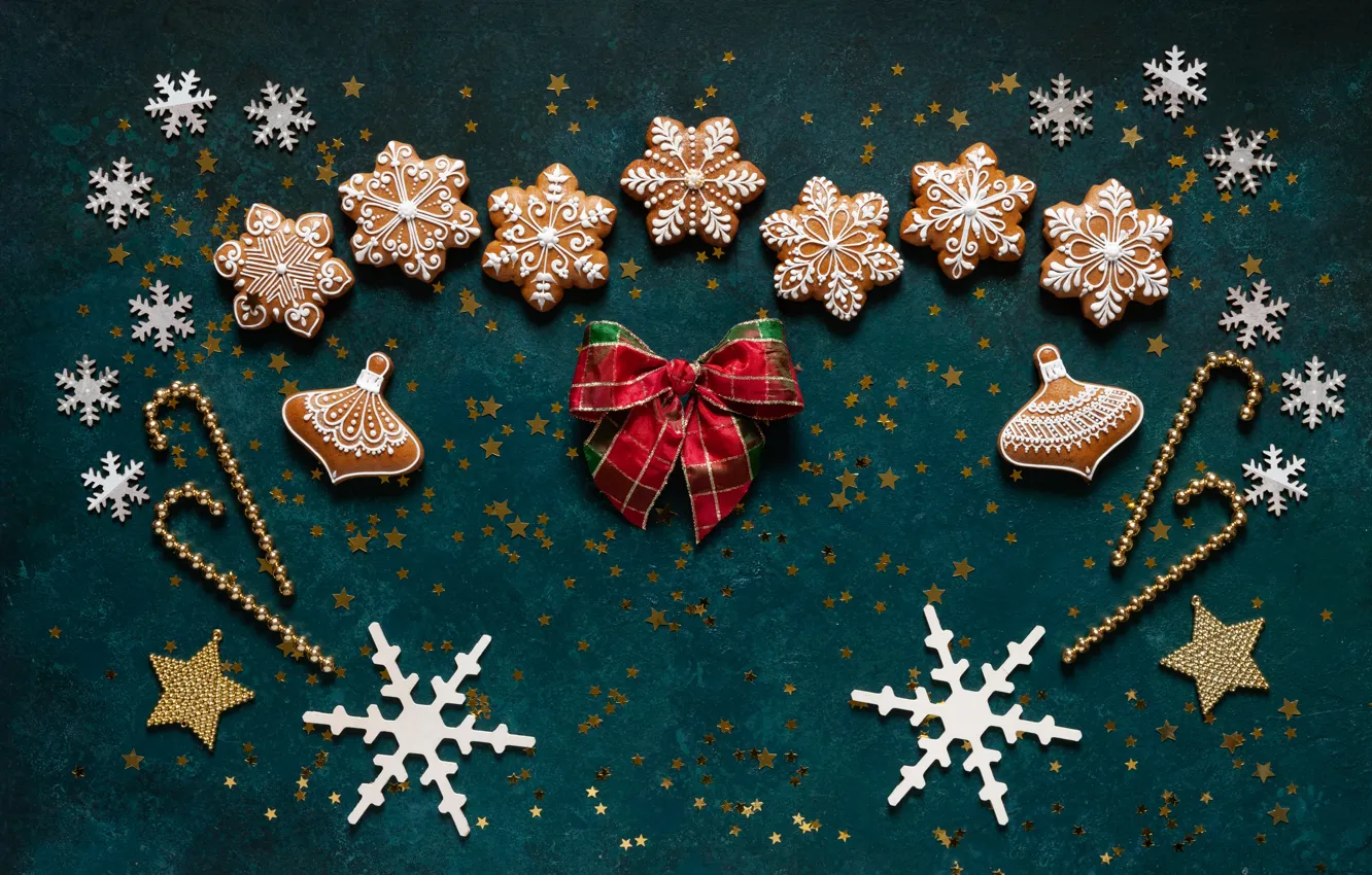 Photo wallpaper snowflakes, Christmas, New year, bow, gingerbread
