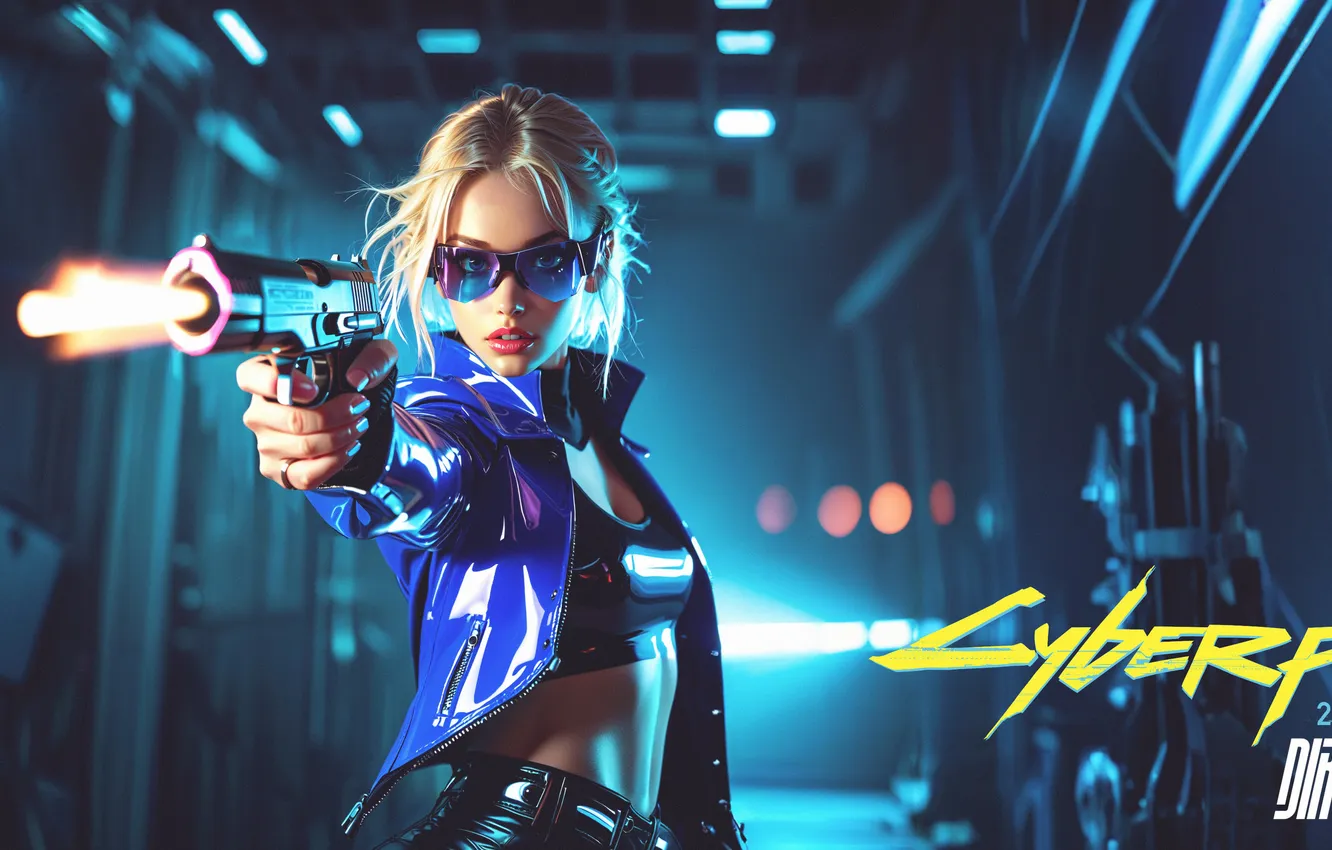 Photo wallpaper pistol, science fiction, blonde, Cyberpunk 2077, Cyberpunk, UltraWide, science fiction women, AI Art