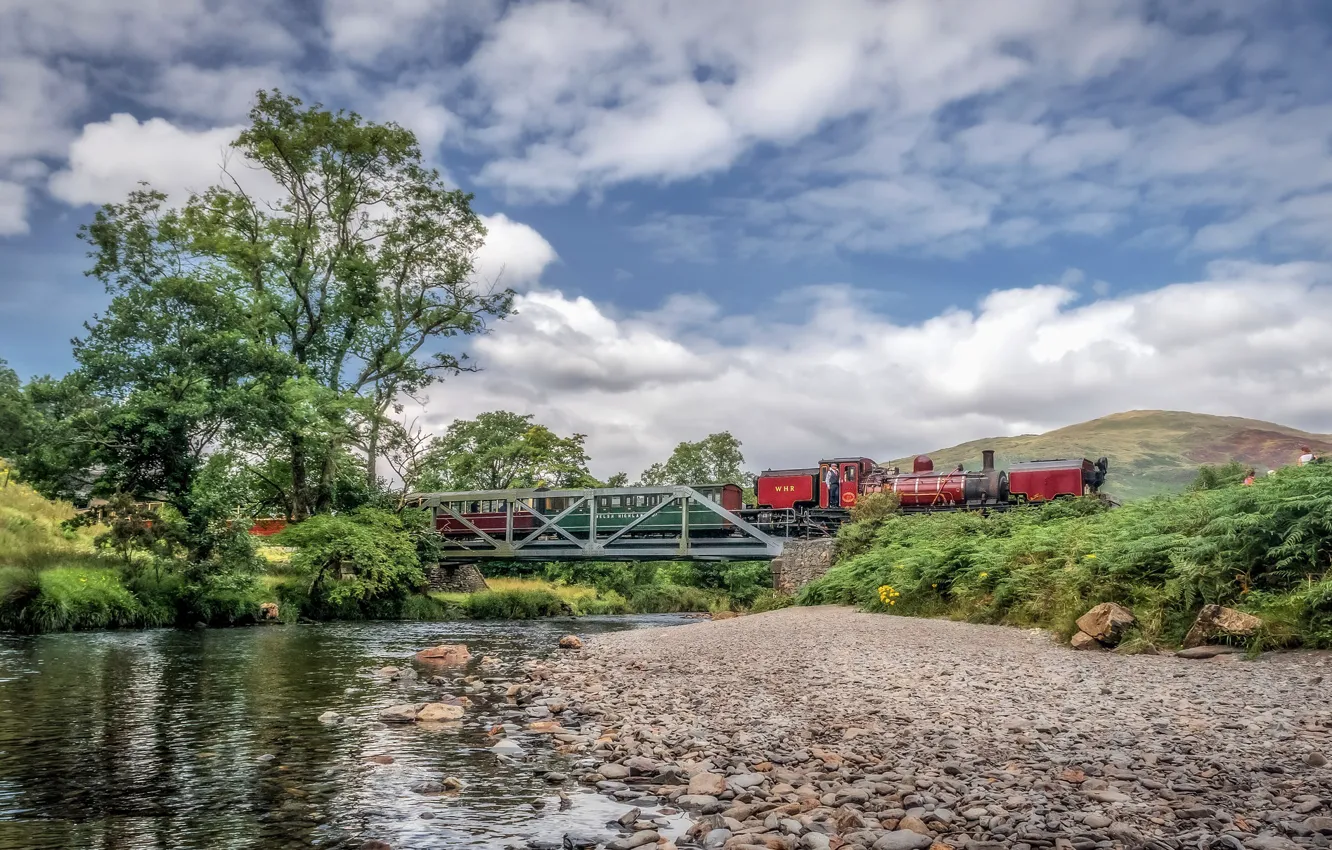 Photo wallpaper clouds, mountains, bridge, river, train, the engine, Wales, Snowdonia