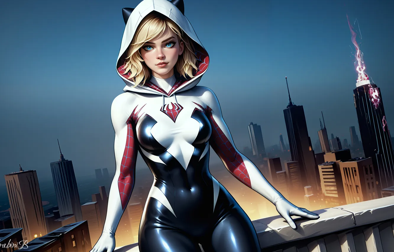 Photo wallpaper girl, city, blue eyes, blonde, Spider-Man, Gwen Stacy, hips, Spider Gwen