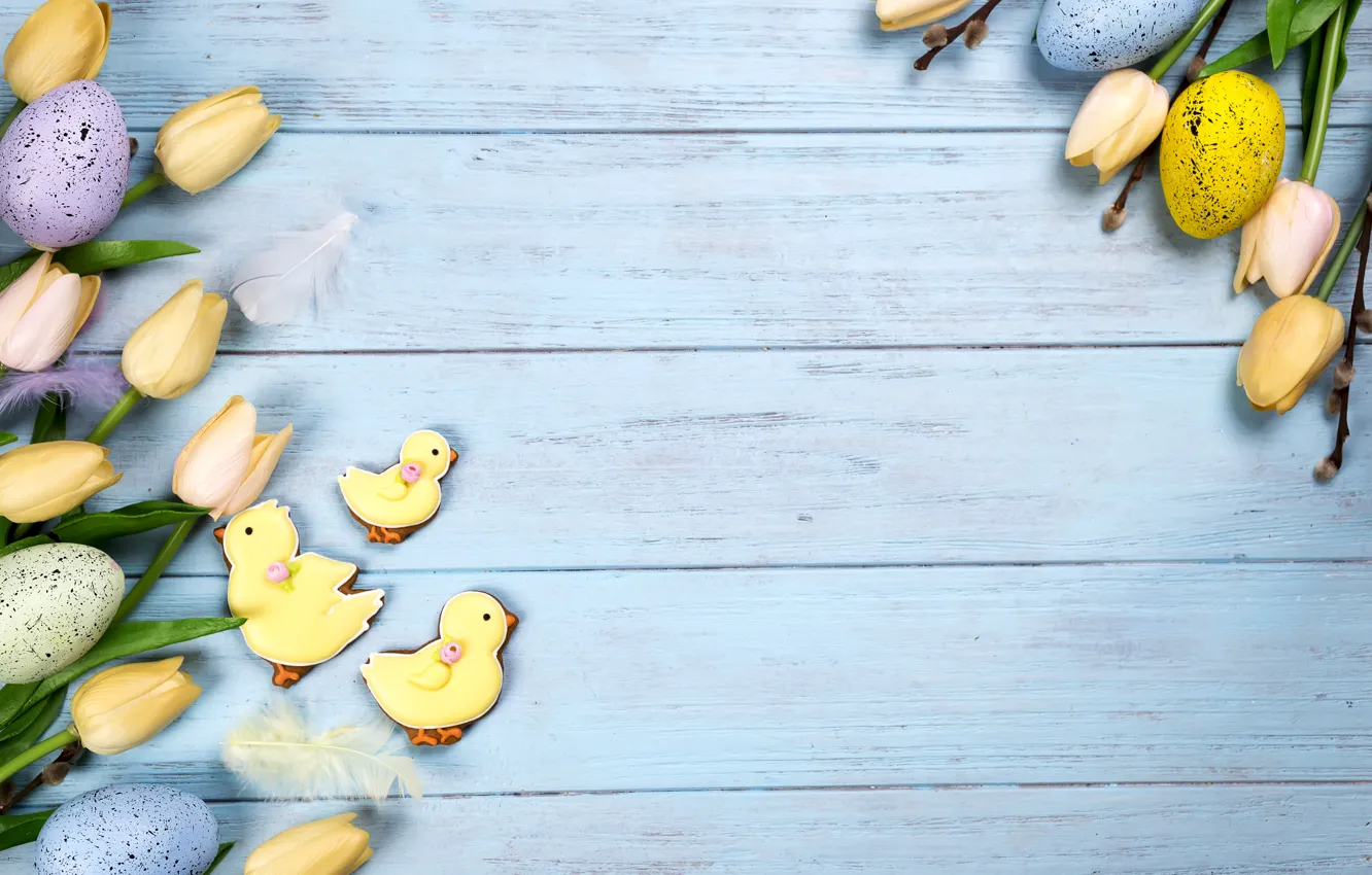 Photo wallpaper flowers, eggs, Easter, flowers, tulips, Easter, eggs, cookies
