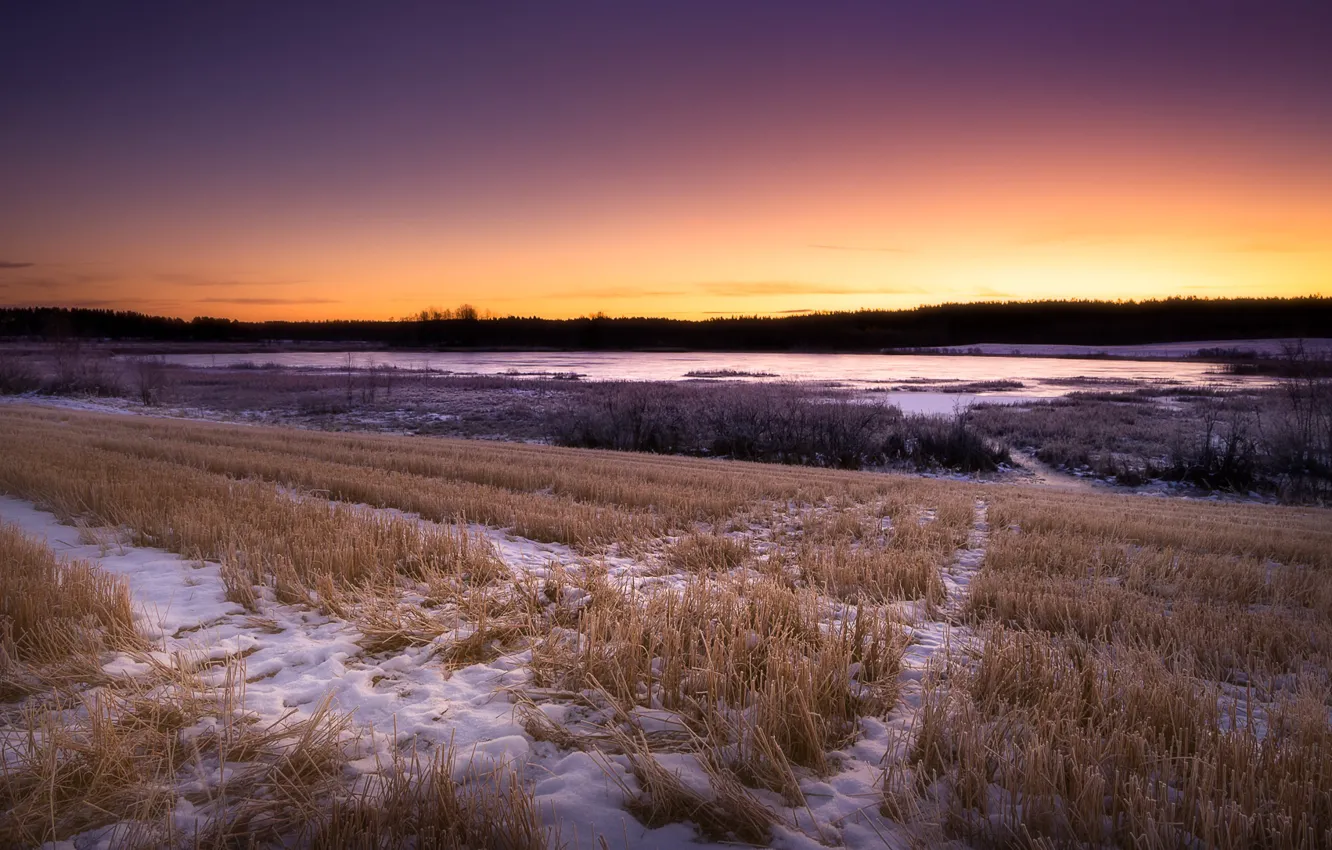Photo wallpaper field, autumn, snow, sunset