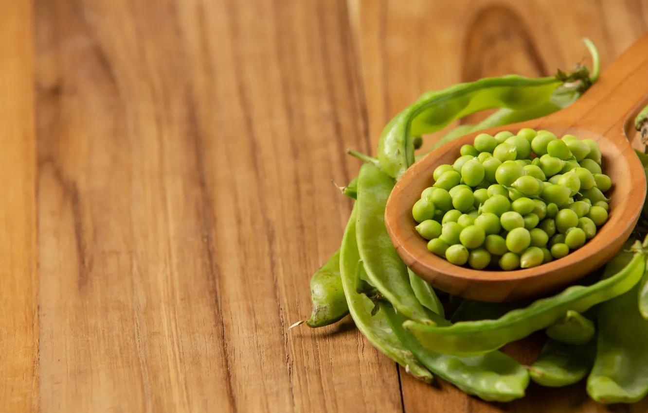 Photo wallpaper Board, peas, spoon, wooden, young, bokeh, fresh, pods