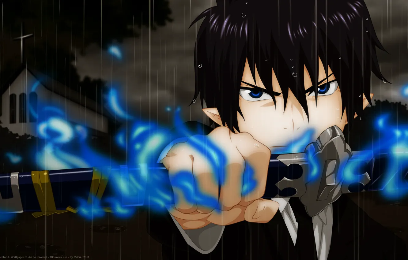 Photo wallpaper background, sword, cutie, Rin, ao no exorcist, blue exorcist, Rin okumura, blue flame