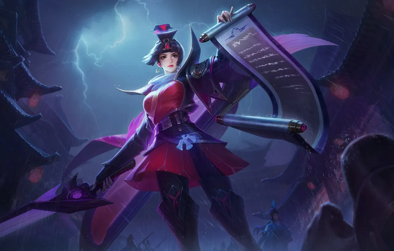 Photo wallpaper girl, night, rain, zipper, sword, arena, scroll, online