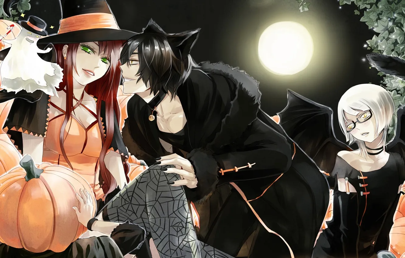 Photo wallpaper girl, night, the moon, hat, art, Halloween, pumpkin, guy