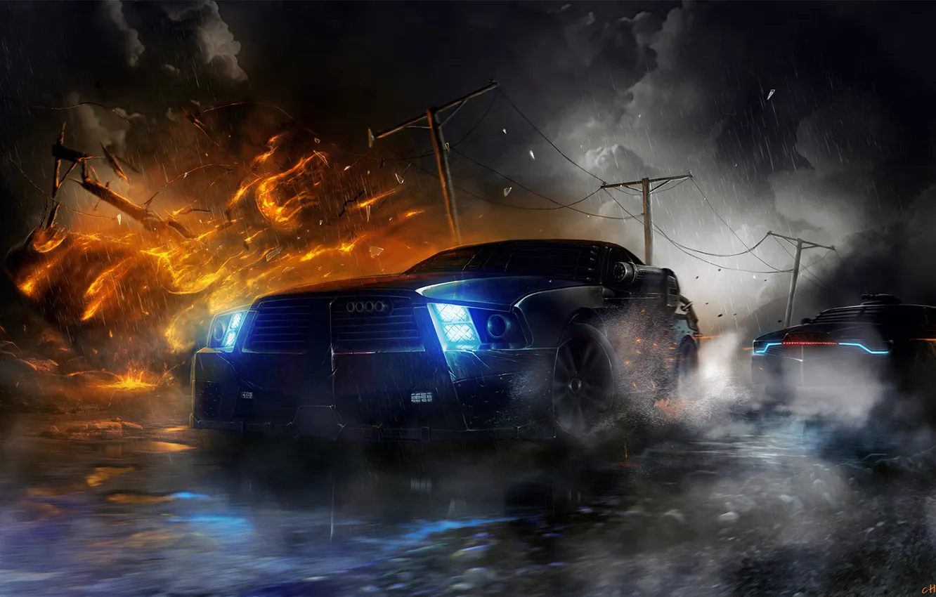 Photo wallpaper machine, night, rain, cars, Death Race