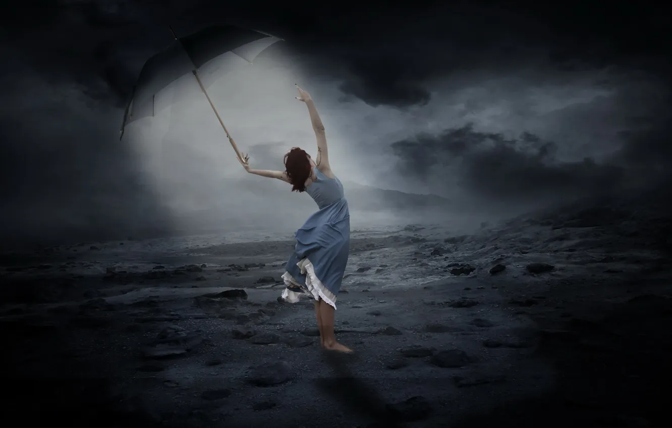 Photo wallpaper girl, night, umbrella