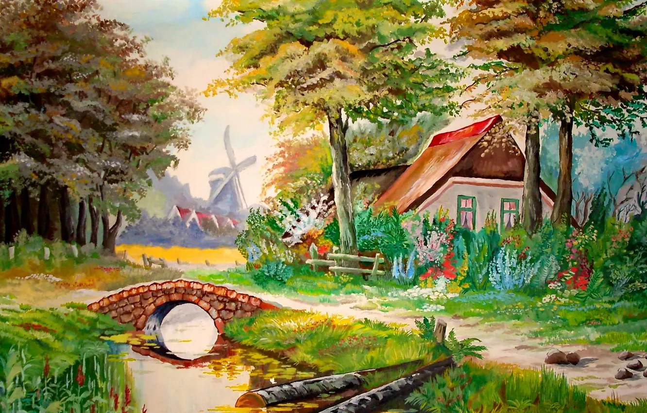 Photo wallpaper trees, landscape, flowers, bridge, house, stream, figure, picture