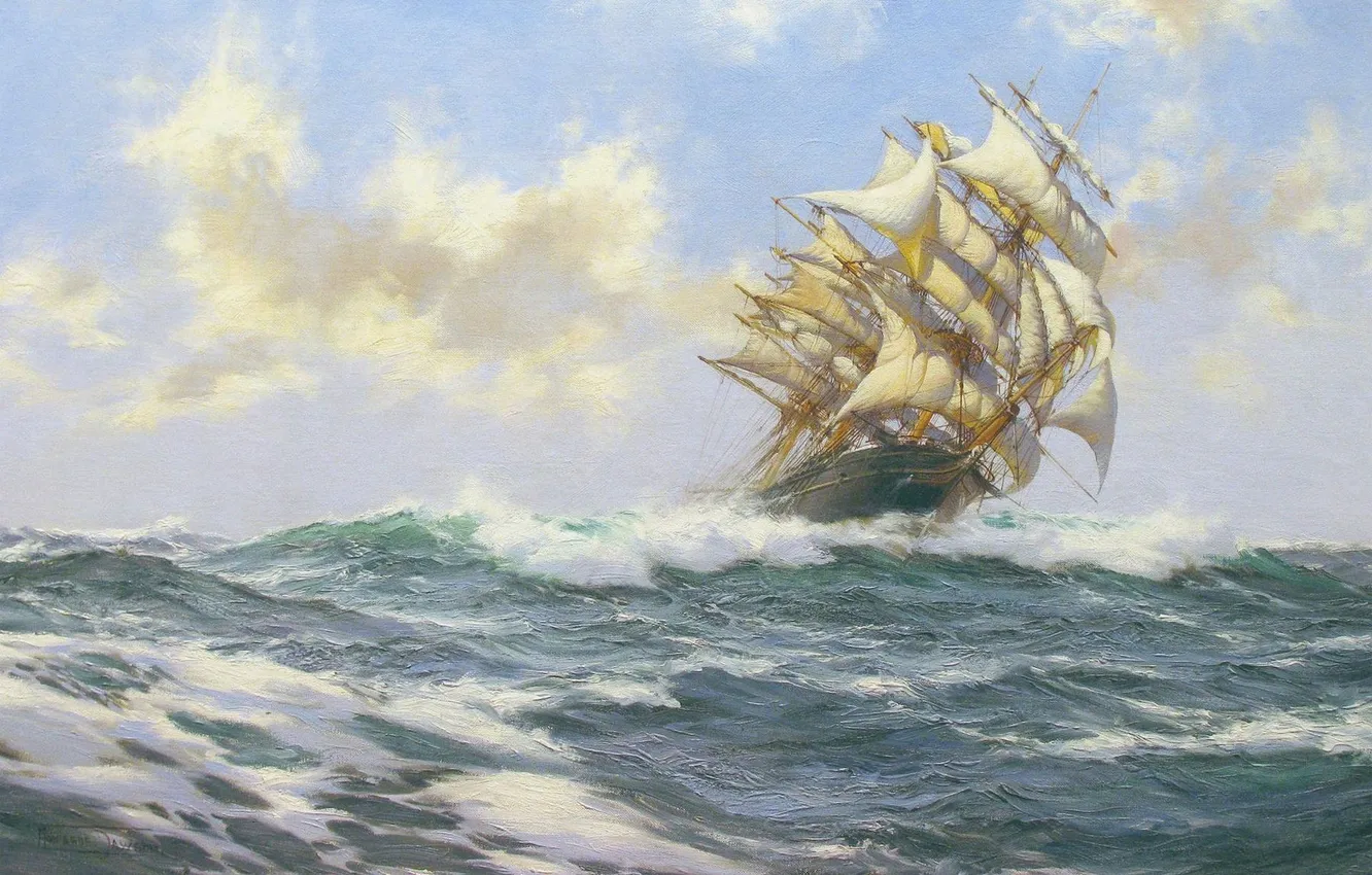Photo wallpaper sea, wave, clouds, ship, sailboat, Montague Dawson