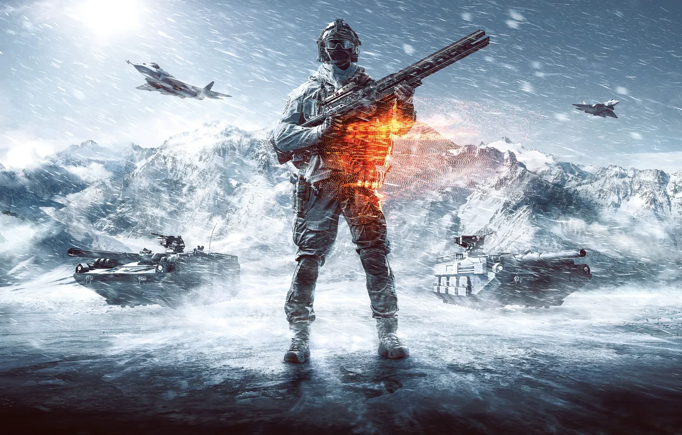 Photo wallpaper snow, weapons, soldiers, tank, the plane, Blizzard, equipment, Battlefield 4