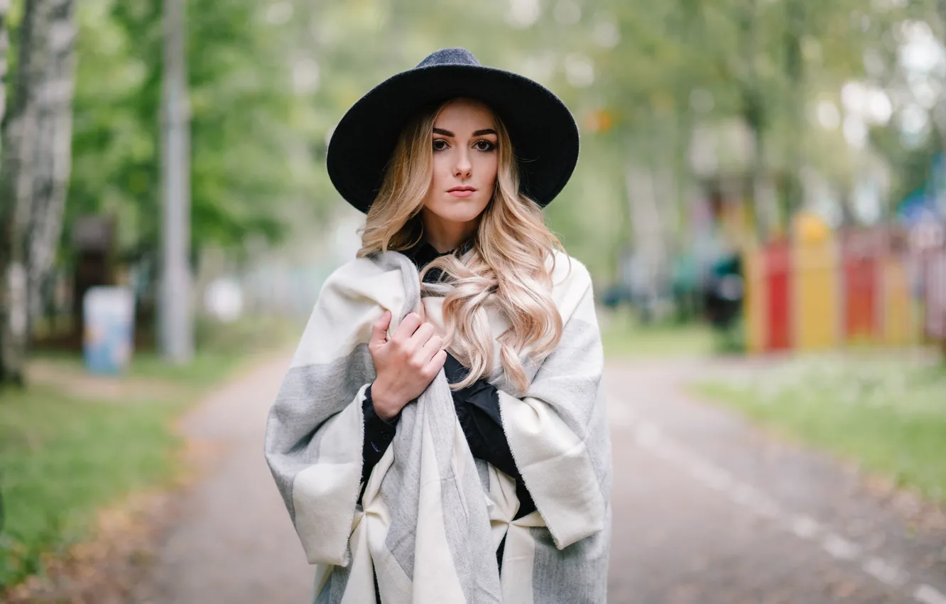 Photo wallpaper look, girl, face, background, hair, hat, fabric