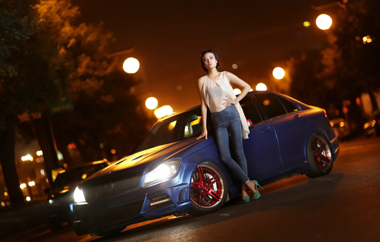 Photo wallpaper auto, look, girl, Mercedes, Asian, beautiful girl