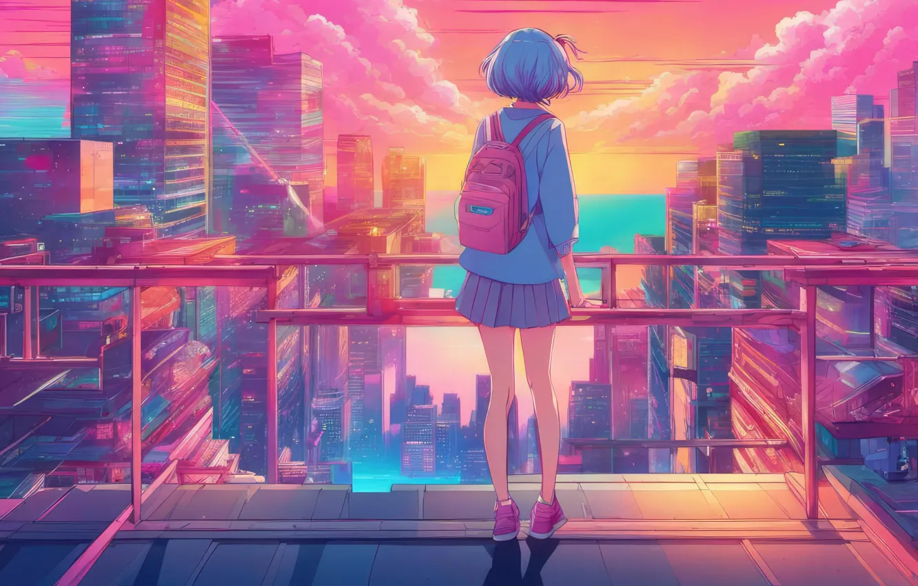 Photo wallpaper height, skyscrapers, girl, backpack, on the roof, short skirt, in full growth, a solitary figure