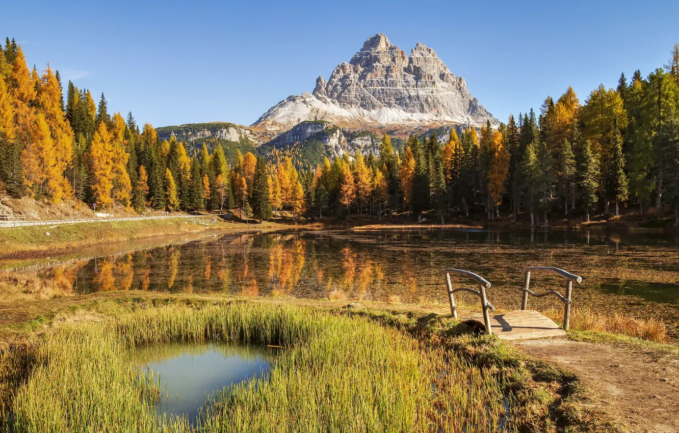 Photo wallpaper autumn, mountains, lake, the bridge