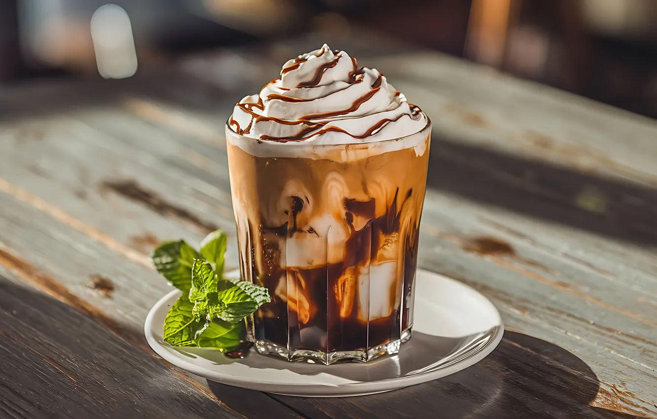Photo wallpaper coffee, ice cream, cocktail, cake, mint, cream, dessert, whipped cream
