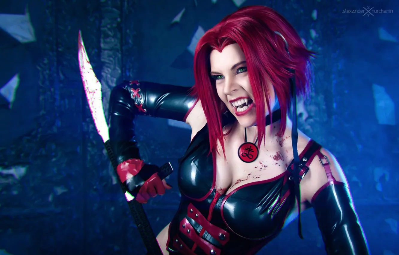 Photo wallpaper girl, fragments, teeth, latex, fangs, amulet, Dampier, green eyes