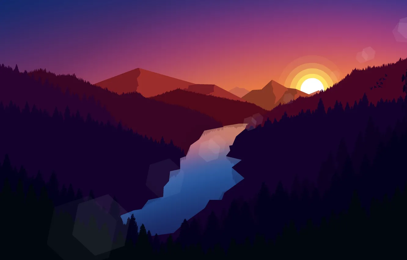 Photo wallpaper forest, the sky, the sun, landscape, sunset, mountains, birds, nature