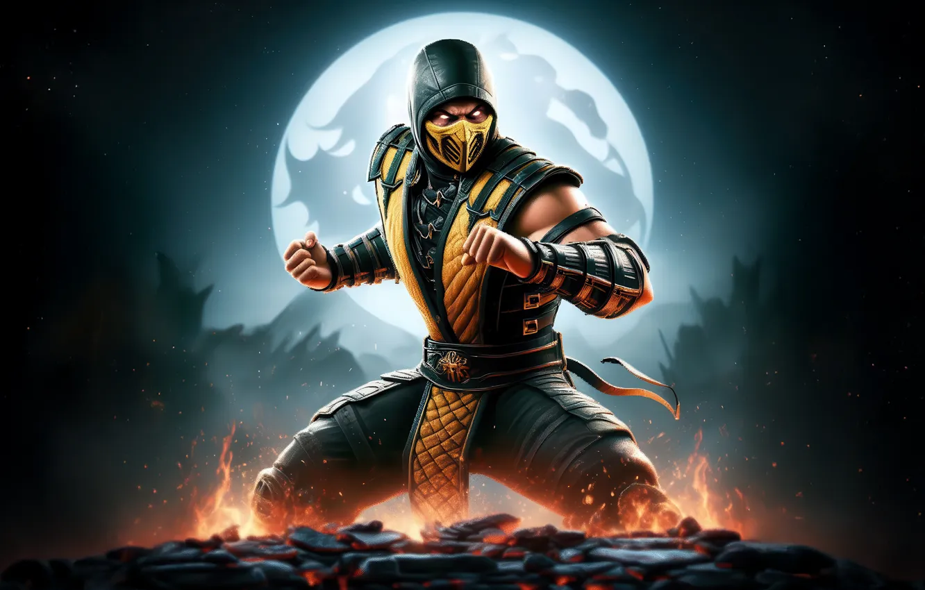 Photo wallpaper moon, Mortal Kombat, Scorpion, AI Art, AI Generated