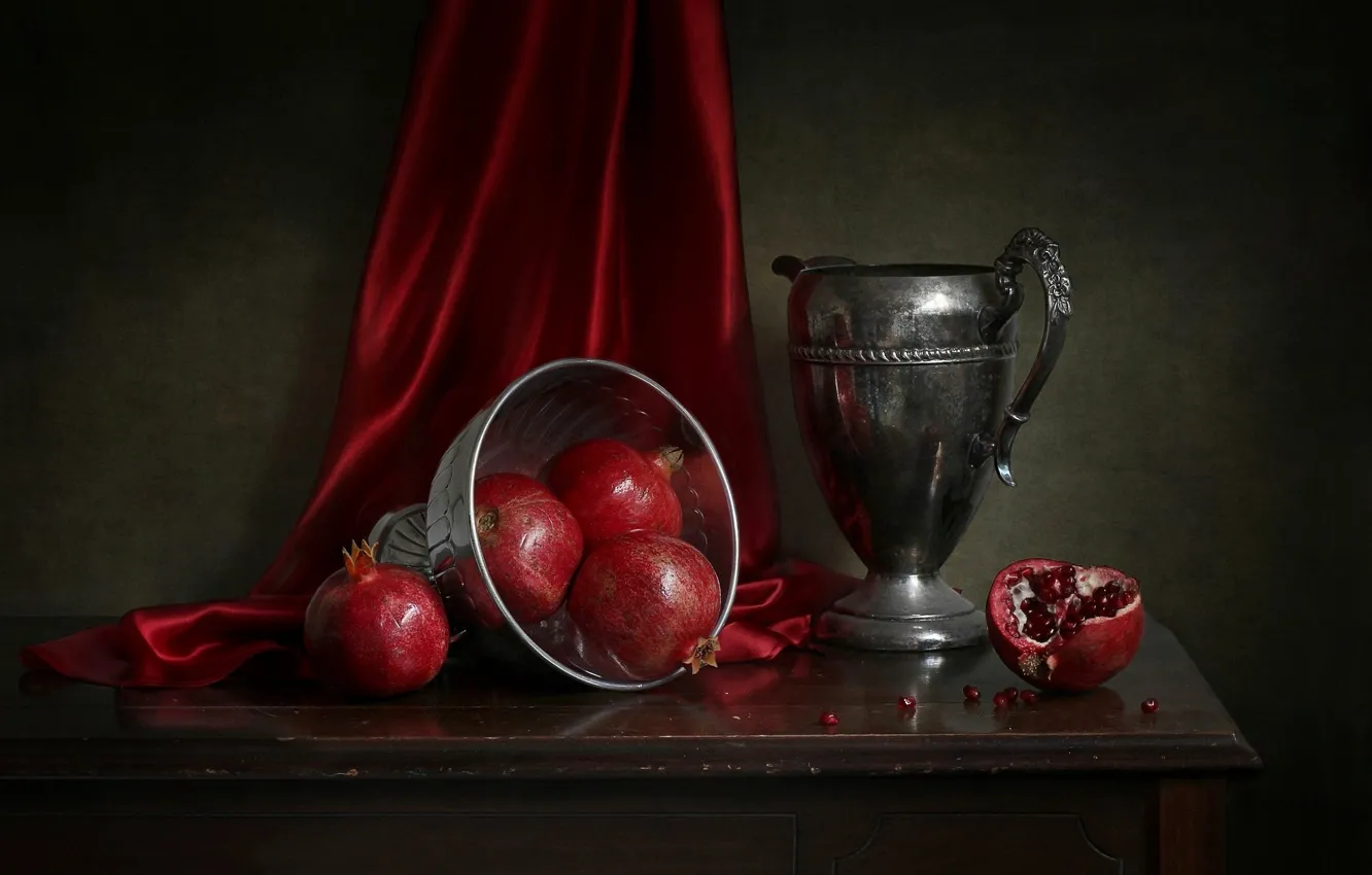 Photo wallpaper table, fabric, vase, pitcher, fruit, still life, Cup, garnet