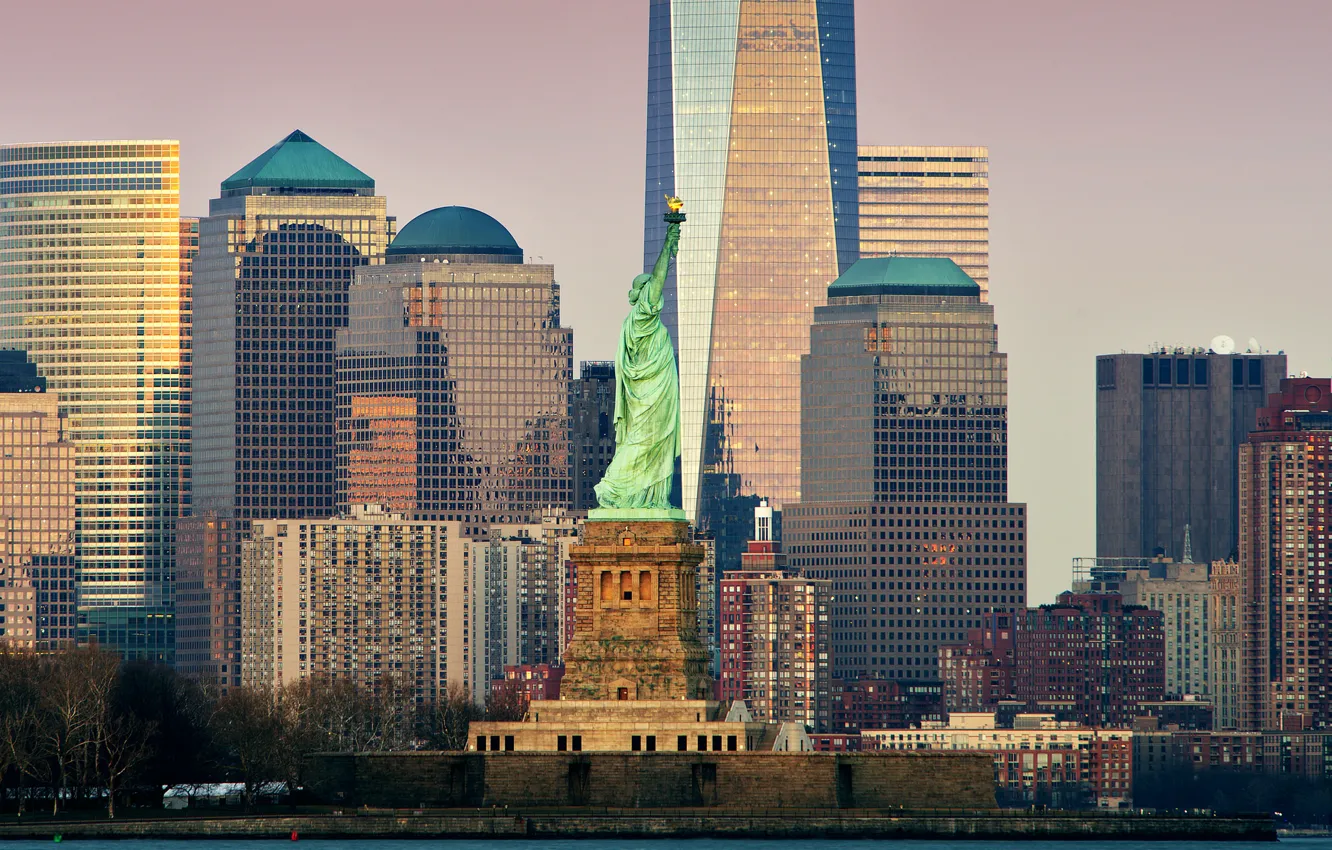 Photo wallpaper skyscraper, home, New York, USA, Manhattan, the statue of Liberty
