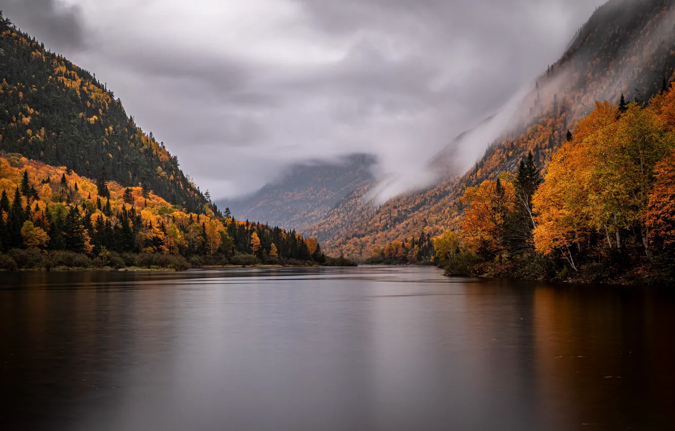Photo wallpaper autumn, water, trees, mountains, river, Autumn landscape