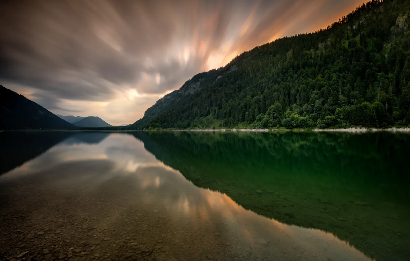Photo wallpaper forest, mountains, lake, reflection