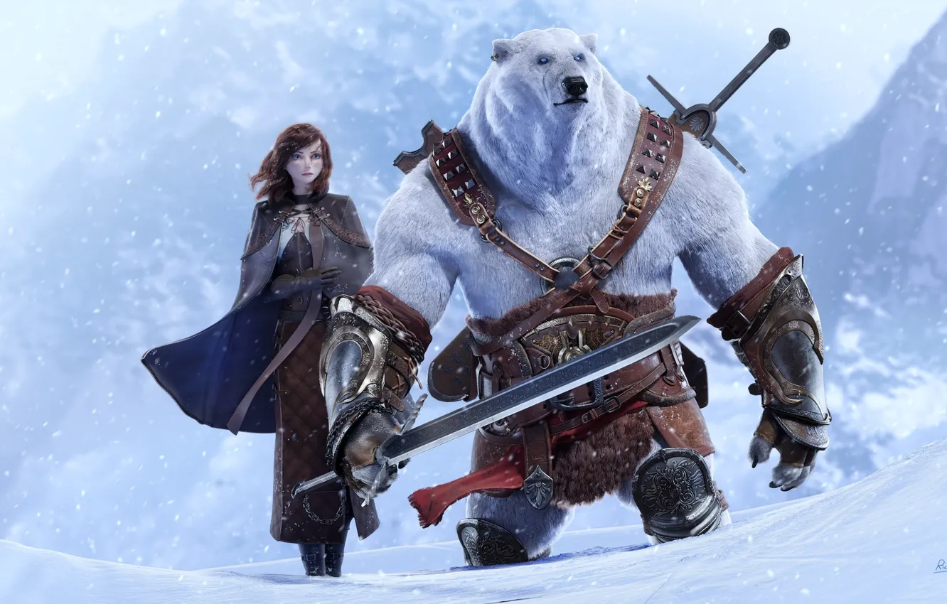 Photo wallpaper snow, art, bear, girl, fantasy, pole, Epic Quest, rico cilliers