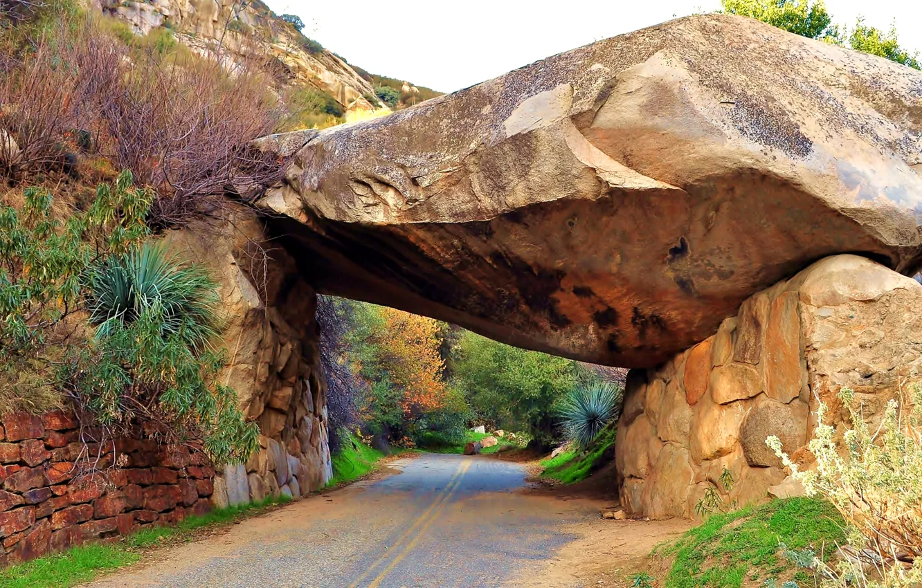 Photo wallpaper road, stones, rocks, the tunnel, USA, Sequoia National Park