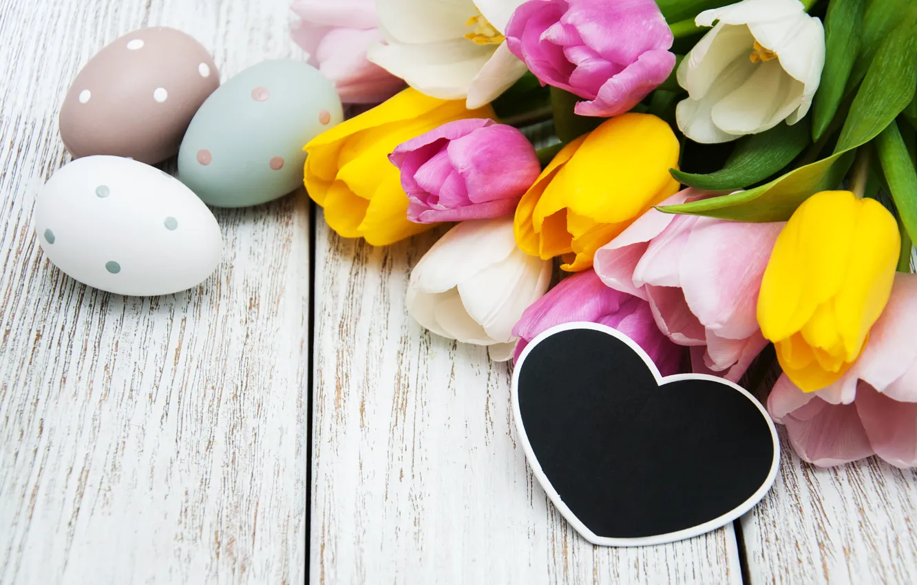 Photo wallpaper flowers, eggs, colorful, Easter, tulips, heart, wood, pink