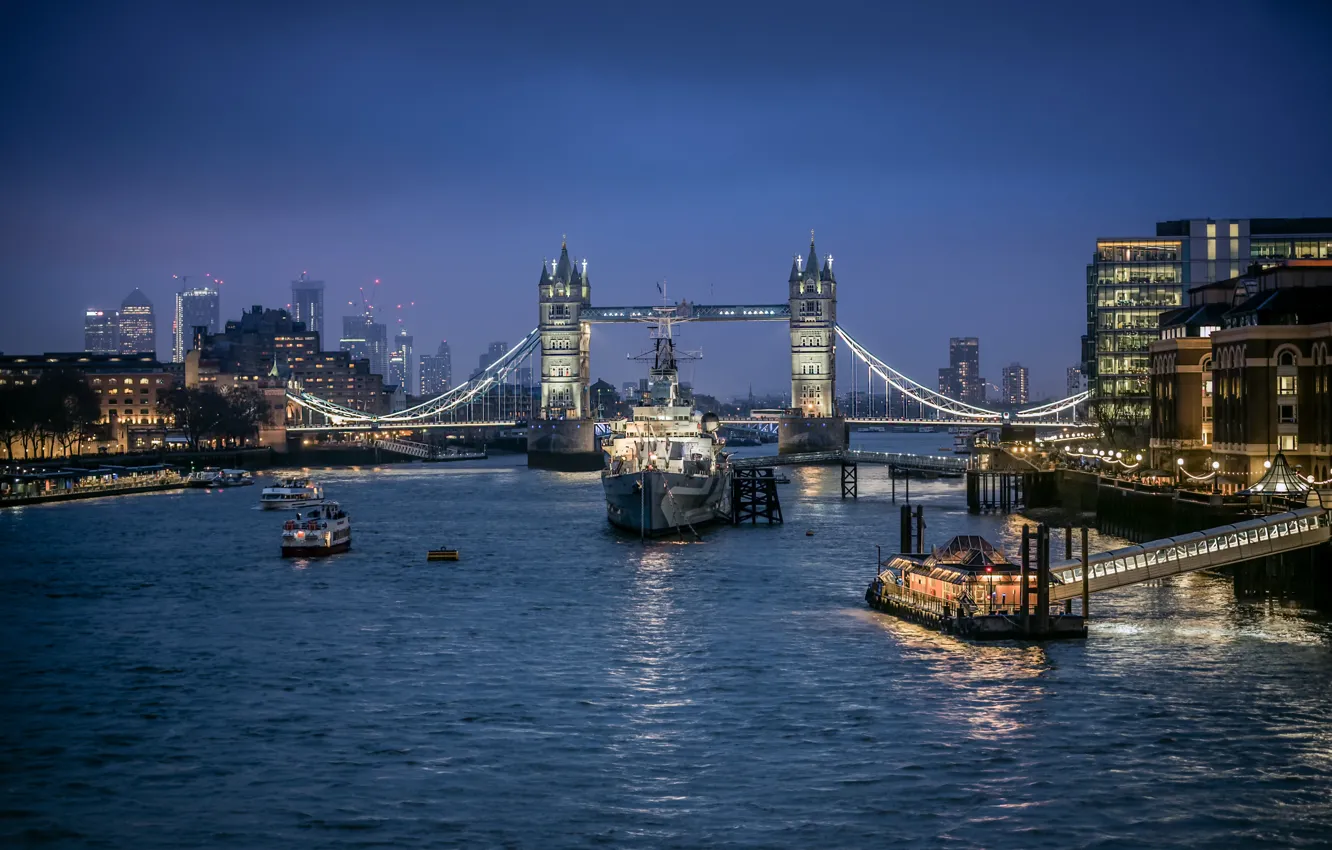 Photo wallpaper bridge, lights, river, England, London, ships, Thames, Tower bridge