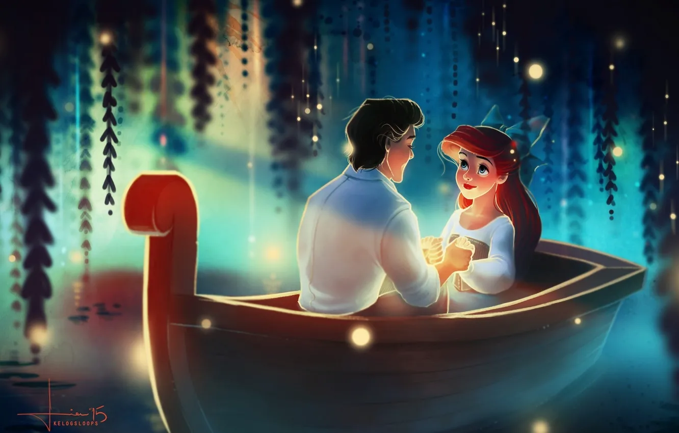 Photo wallpaper girl, fireflies, boat, art, guy, Ariel, the little mermaid, eric