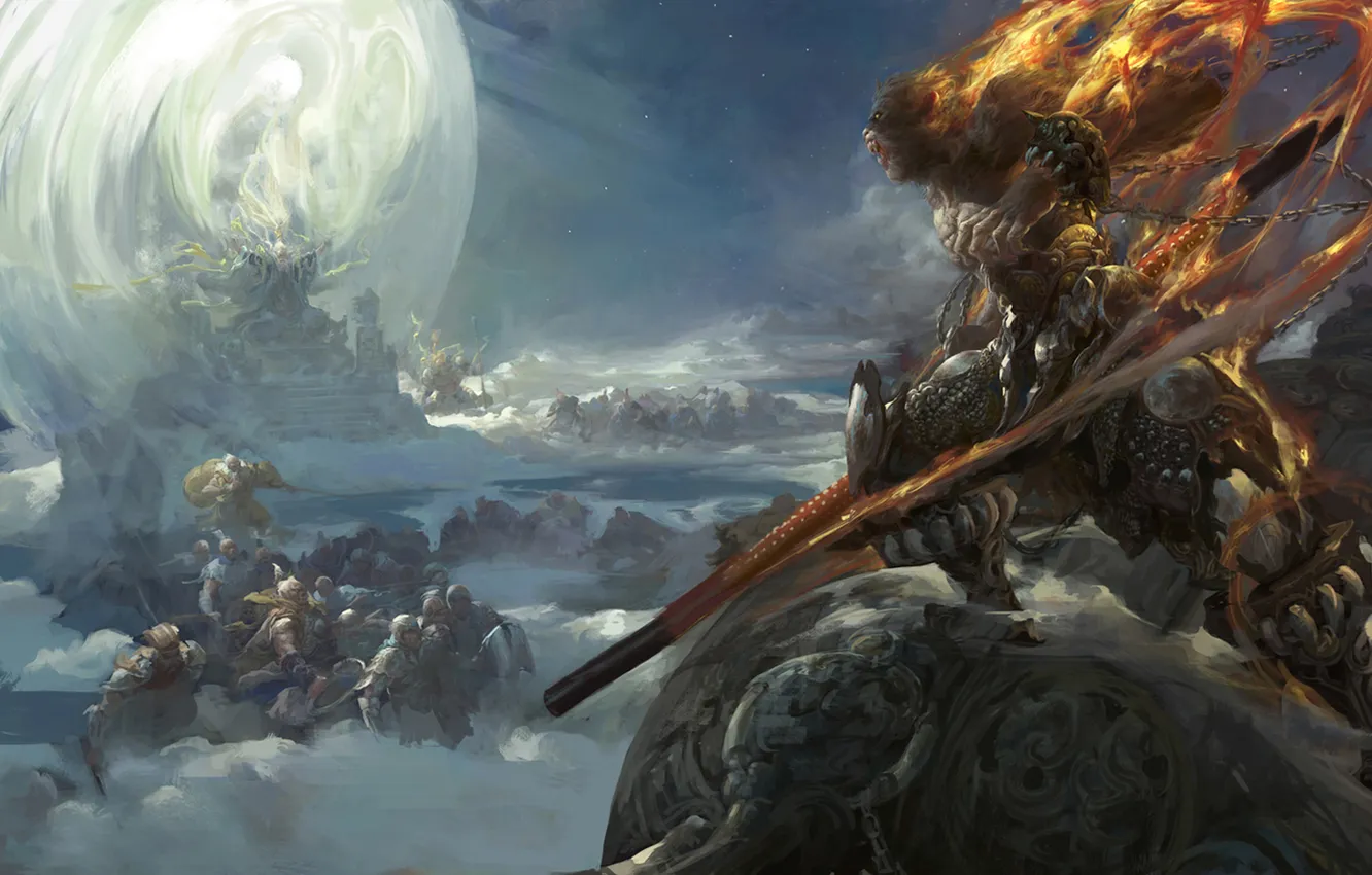 Photo wallpaper the sky, clouds, lights, warrior, art