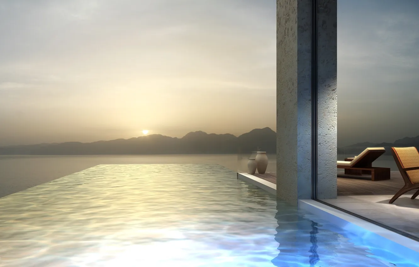 Photo wallpaper sea, the sun, dawn, Villa, pool
