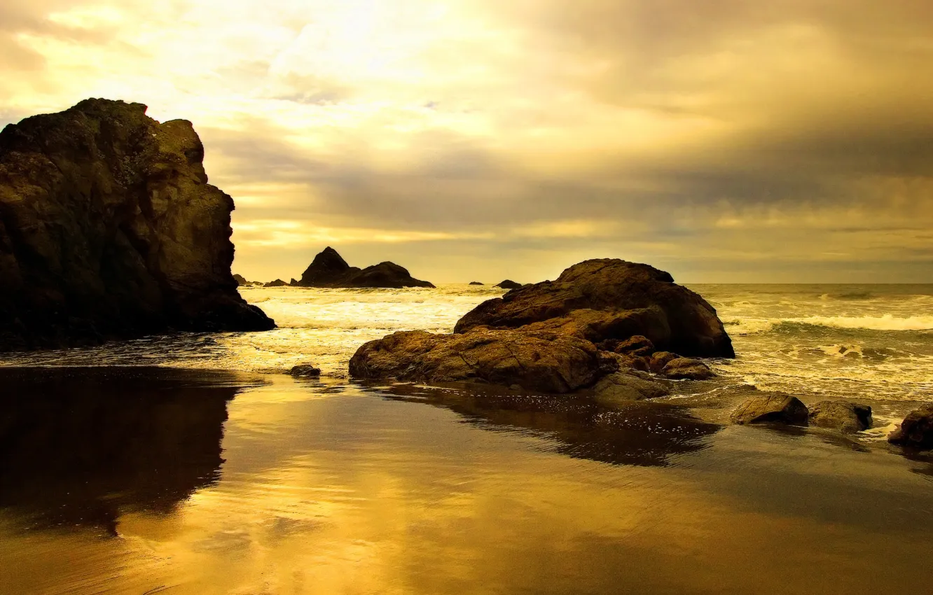 Photo wallpaper sunset, stones, mood, shore, wave, silence, the evening, surf