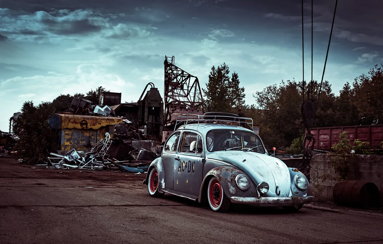 Photo wallpaper overcast, beetle, Volkswagen, dump, Beetle, AC/DC, broken